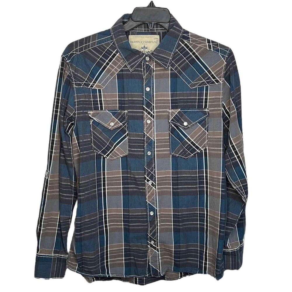 Supply Company USA mens Pearl Snap Long Sleeve roll tab Plaid shirt size Large